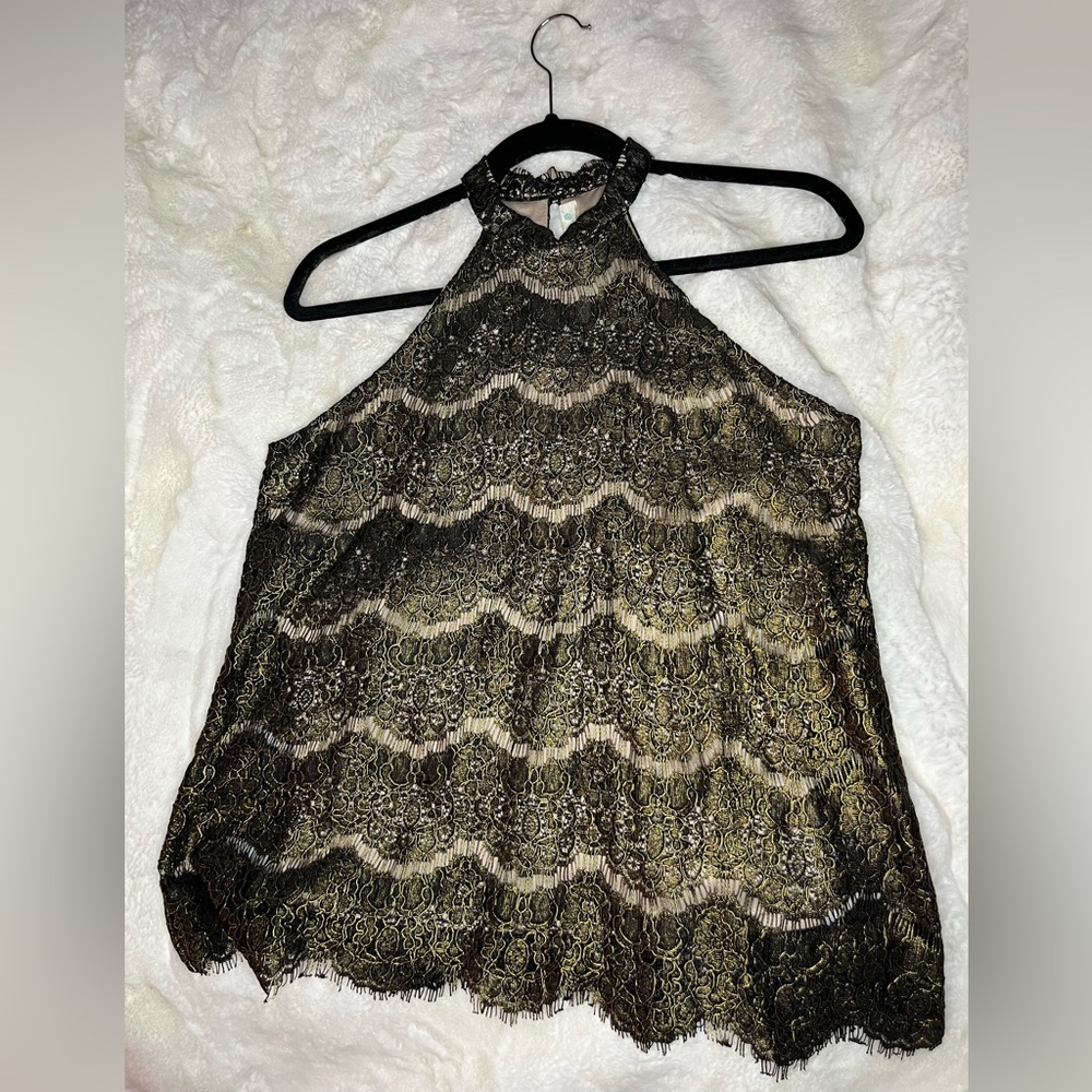 Elegant Halter Black and Gold Lace Blouse from love Fire